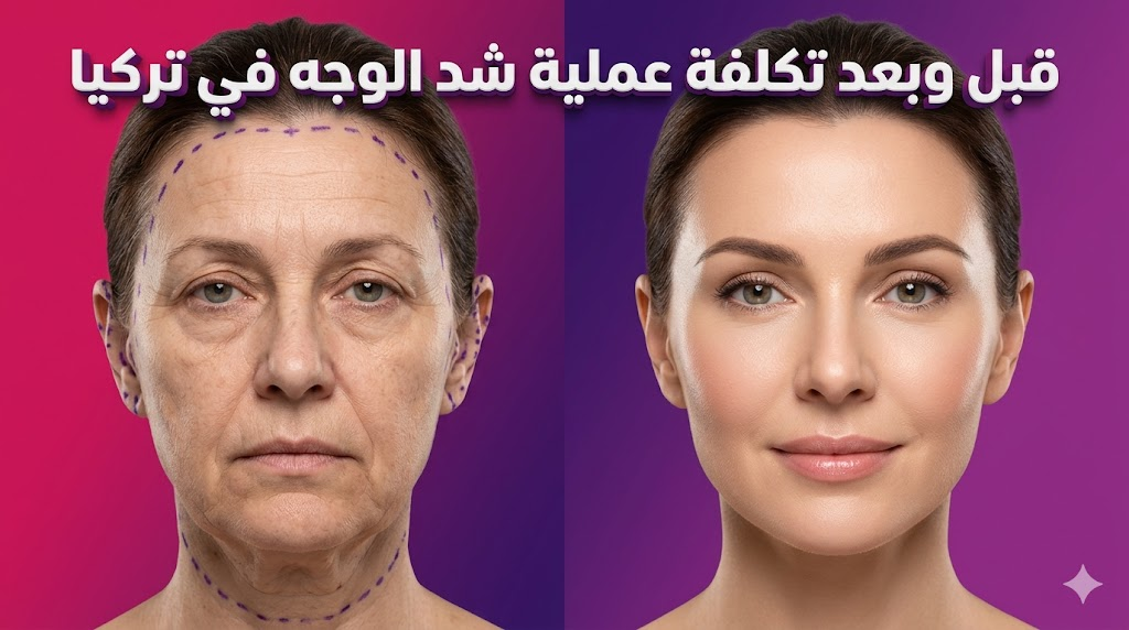 مقارنة قبل وبعد تظهر نتائج وتفاصيل تكلفة عملية شد الوجه في تركيا مع تحسن واضح في نضارة البشرة.