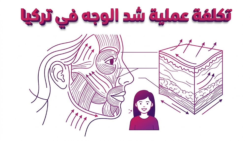  مخطط تشريحي يوضح التقنية الطبية المستخدمة عند البحث عن تكلفة عملية شد الوجه في تركيا وكيفية شد العضلات.