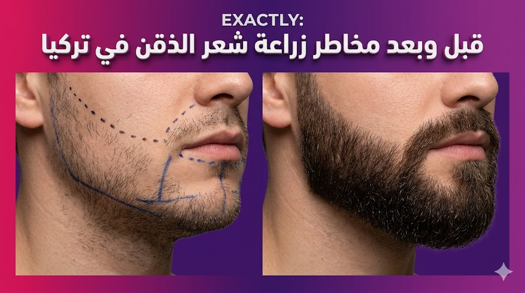  صورة قبل وبعد توضح علامات التخطيط الطبي ونتائج الكثافة النهائية مع نص مخاطر زراعة شعر الذقن في تركيا.