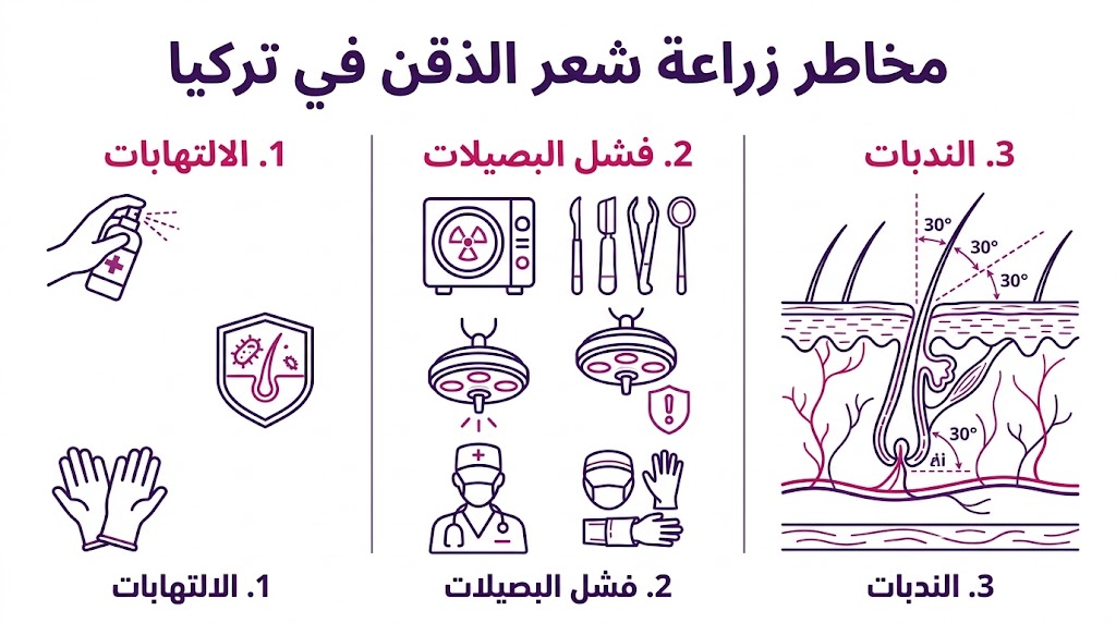 إنفوجرافيك طبي مقسم لثلاثة أقسام يشرح الالتهابات وفشل البصيلات والندبات كأهم مخاطر زراعة شعر الذقن في تركيا.