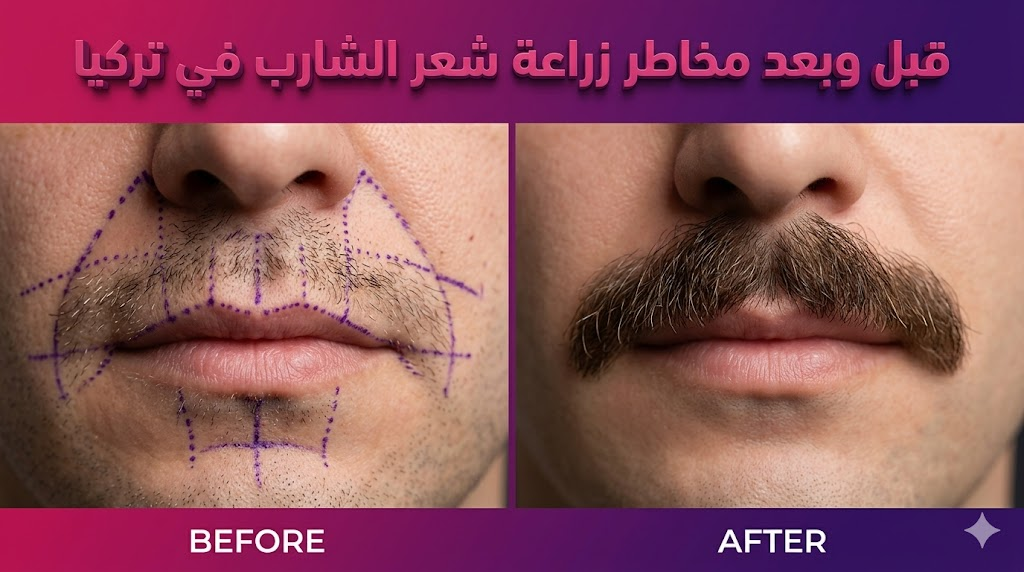  مقارنة قبل وبعد توضح النتائج الناجحة وتجنب مخاطر زراعة شعر الشارب في تركيا.