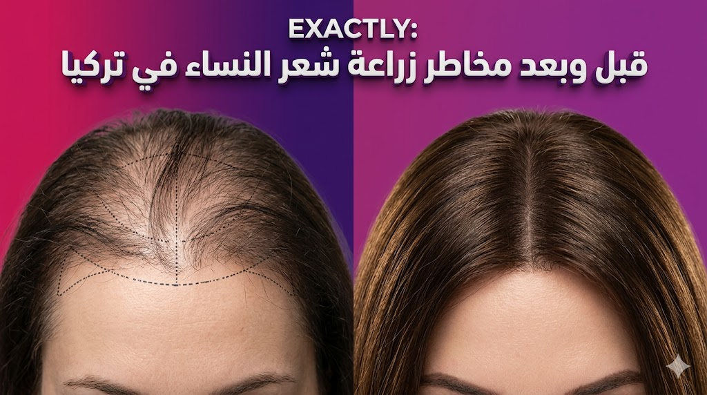  مقارنة قبل وبعد تظهر فروة رأس قبل العملية وبعد التعافي مع توضيح مخاطر زراعة شعر النساء في تركيا.
