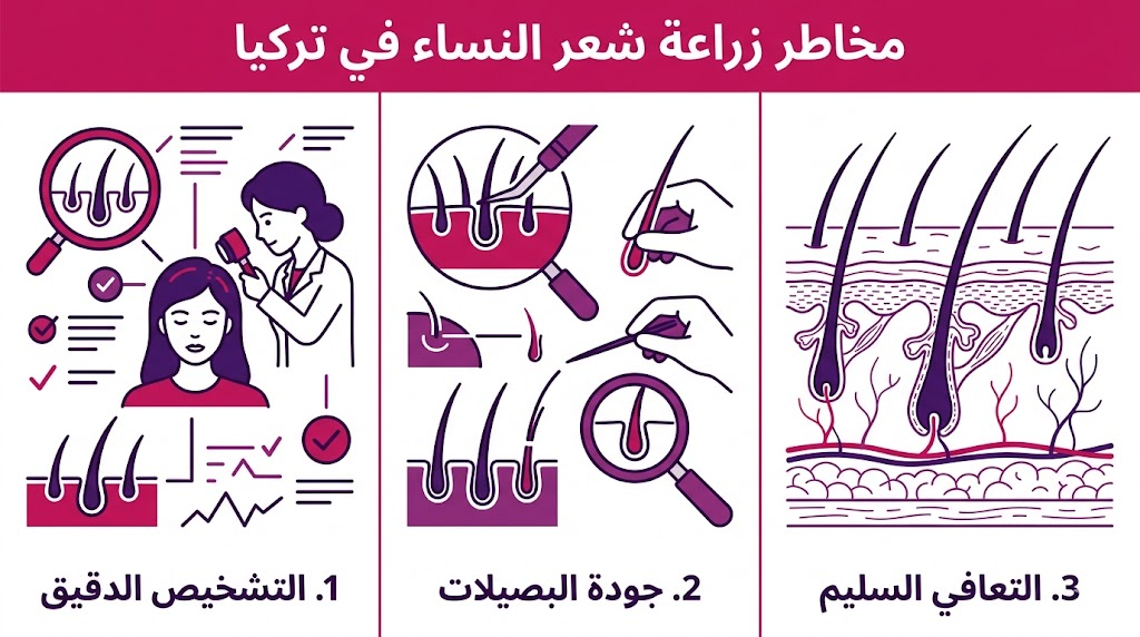 إنفوجرافيك تعليمي مقسم لثلاثة أقسام يشرح كيفية تجنب مخاطر زراعة شعر النساء في تركيا.
