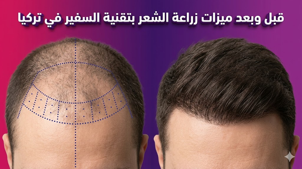 صورة "قبل وبعد" توضح نتائج وميزات زراعة الشعر بتقنية السفير في تركيا مع رسم توضيحي لمناطق توزيع البصيلات.