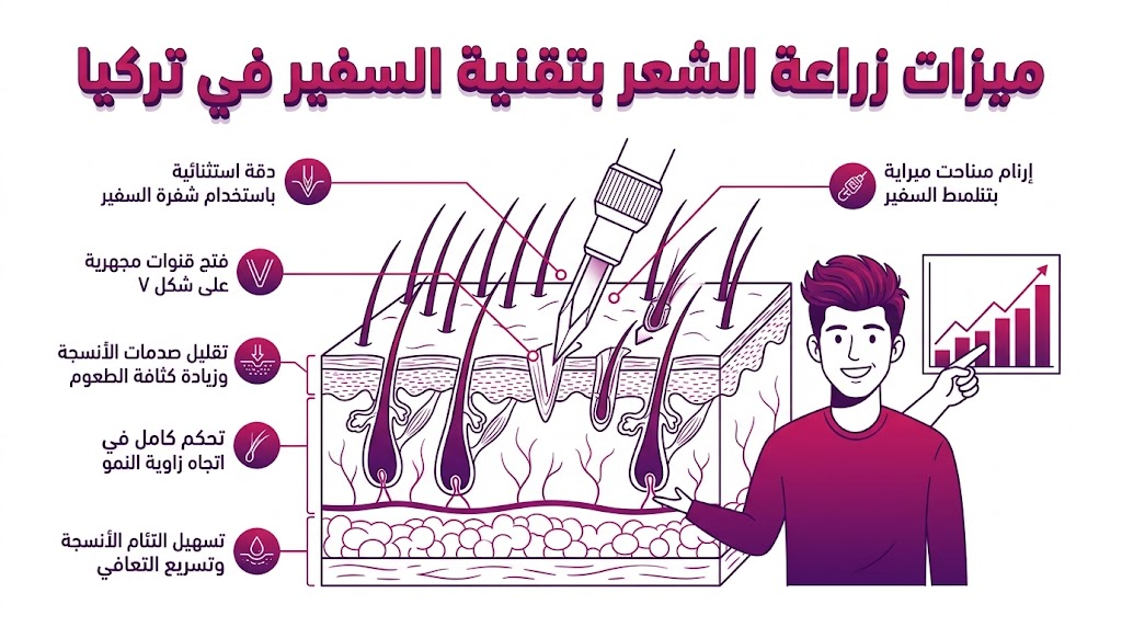 إنفوجرافيك طبي يشرح التشريح الدقيق وميزات زراعة الشعر بتقنية السفير في تركيا باستخدام رسوم متجهة.
