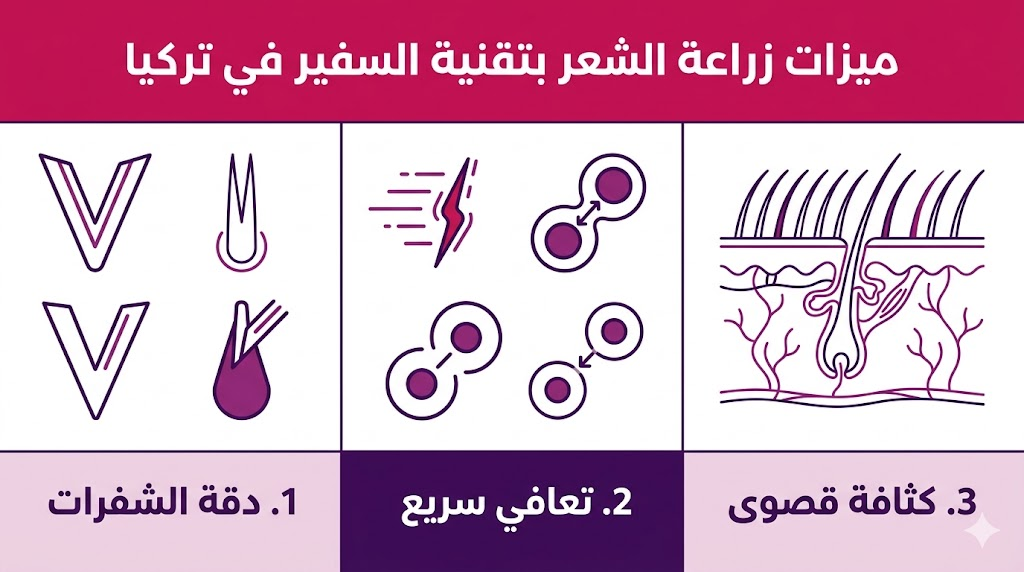  ملصق إنفوجرافيك يلخص ميزات زراعة الشعر بتقنية السفير في تركيا من حيث الدقة والتعافي والكثافة.