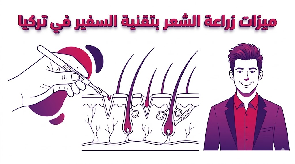 إنفوجرافيك طبي يشرح التشريح الدقيق وميزات زراعة الشعر بتقنية السفير في تركيا باستخدام رسوم متجهة.