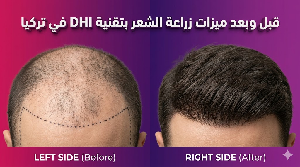  مقارنة قبل وبعد تبرز ميزات زراعة الشعر بتقنية DHI في تركيا من حيث كثافة الشعر الطبيعية.
