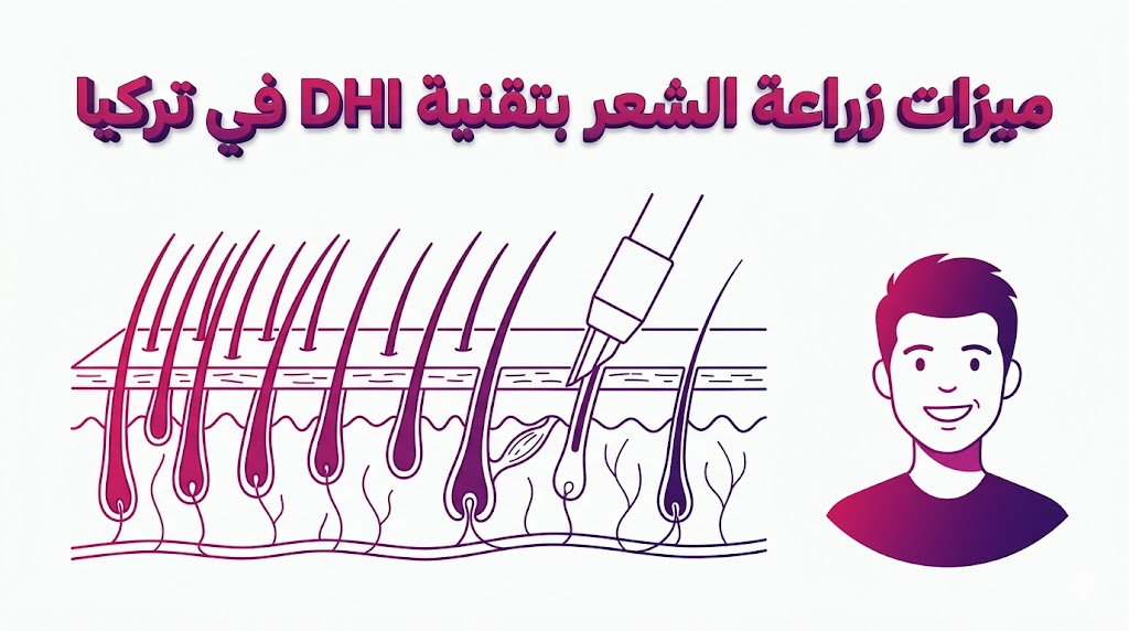  إنفوجرافيك تعليمي يوضح ميزات زراعة الشعر بتقنية DHI في تركيا وآلية عمل قلم تشوي في غرس البصيلات.