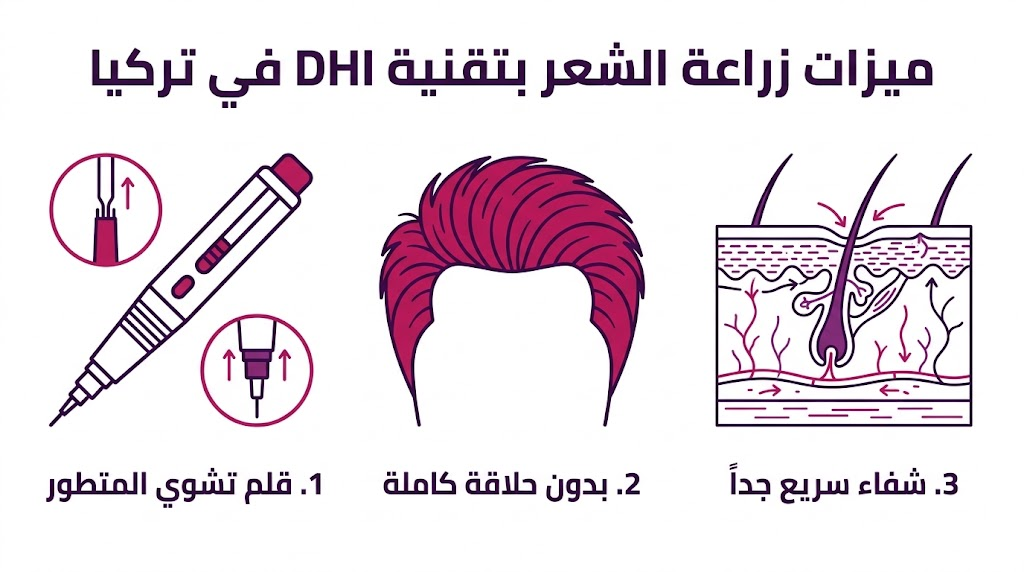  بوستر إنفوجرافيك يلخص ميزات زراعة الشعر بتقنية DHI في تركيا من حيث الأدوات والنتائج وسرعة الاستشفاء.