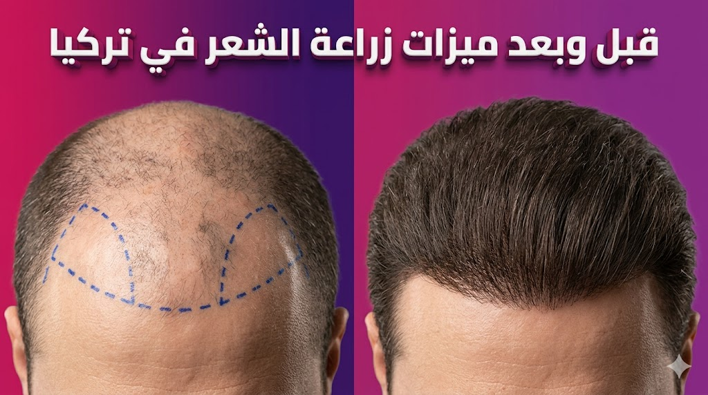  صورة قبل وبعد توضح ميزات زراعة الشعر في تركيا من خلال مقارنة بين فروة رأس صلعاء وشعر كثيف وناعم.