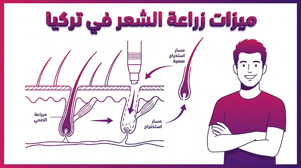 مخطط تشريحي يوضح ميزات زراعة الشعر في تركيا وكيفية اقتطاف البصيلات وزرعها في فروة الرأس بشكل علمي.