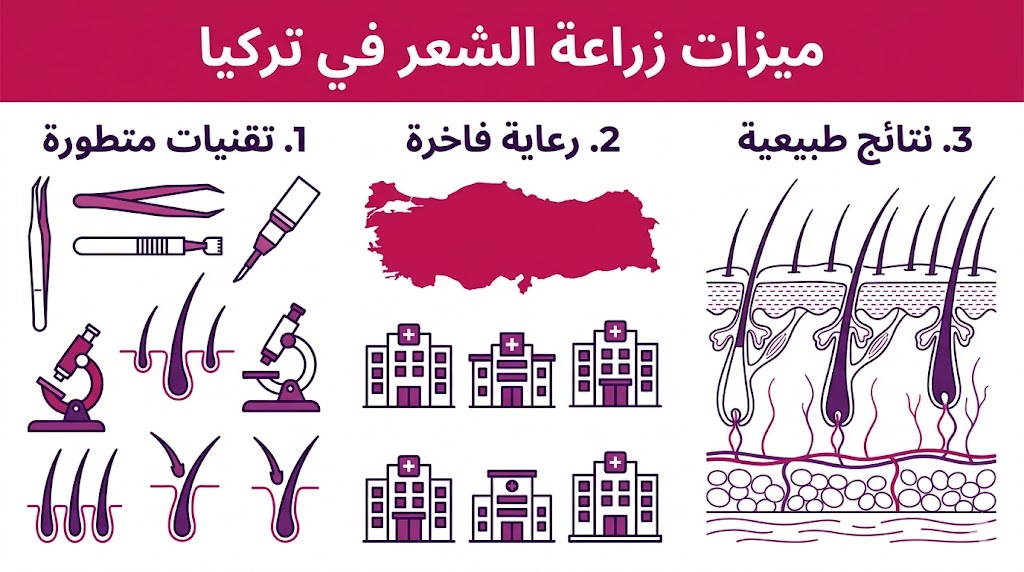  إنفوجرافيك تعليمي يستعرض ميزات زراعة الشعر في تركيا من حيث التقنيات المستخدمة وجودة الرعاية والنتائج النهائية.