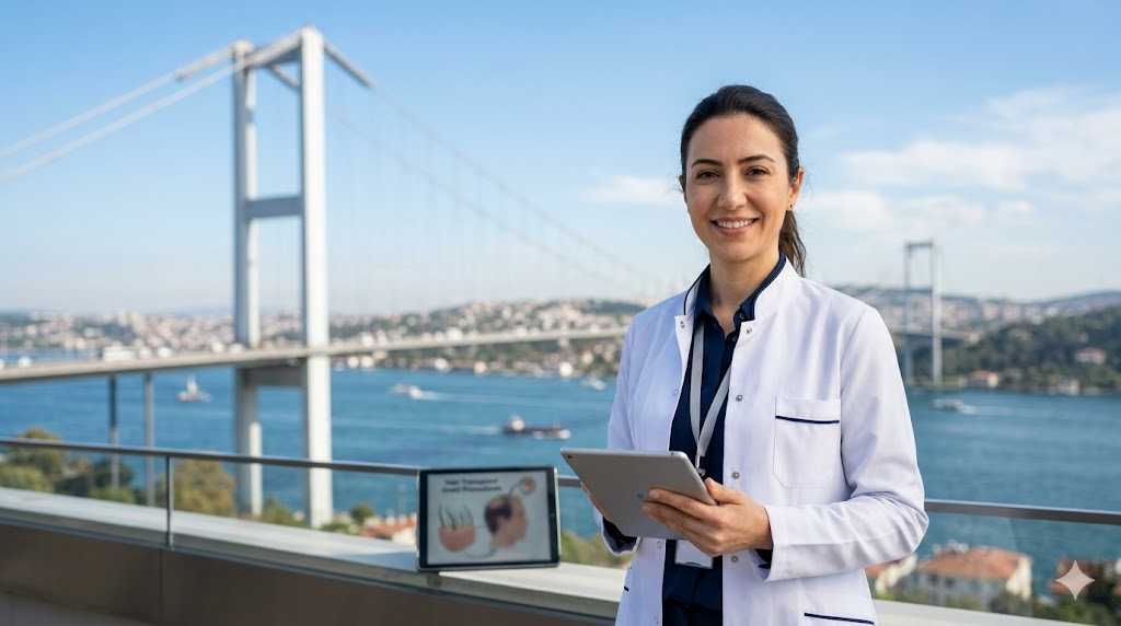  طبيب مختص يقف أمام جسر البوسفور في اسطنبول ليعكس ميزات زراعة الشعر في تركيا والجمع بين الاحتراف الطبي والسياحة.
