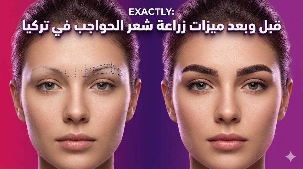 صورة مقارنة قبل وبعد توضح ميزات زراعة شعر الحواجب في تركيا مع رسم تخطيطي طبي للنتائج المتوقعة.