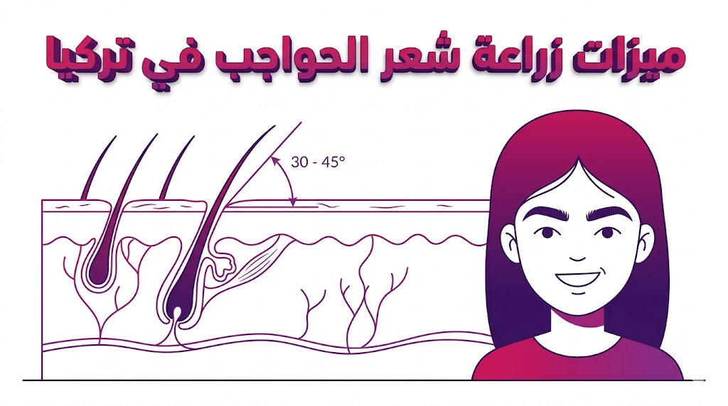  إنفوجرافيك تشريحي يوضح الزوايا العلمية لزراعة البصيلات ضمن ميزات زراعة شعر الحواجب في تركيا.