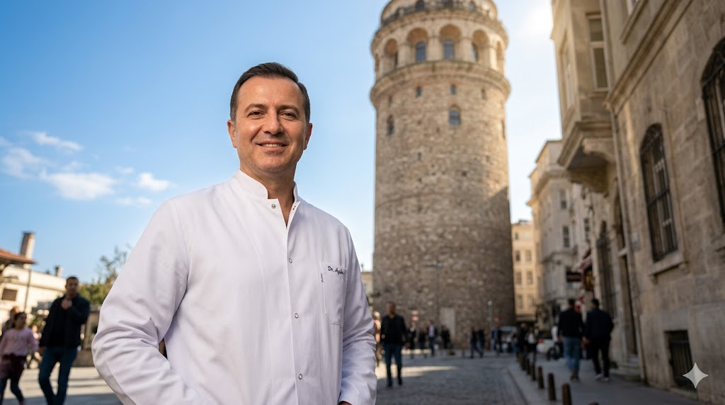 طبيب تجميل يقف أمام برج غالاتا في إسطنبول كرمز للثقة والجودة في ميزات زراعة شعر الحواجب في تركيا.