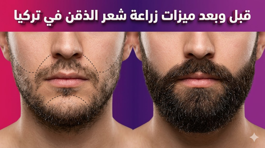 مقارنة قبل وبعد تبرز ميزات زراعة شعر الذقن في تركيا مع تخطيط طبي قبل العملية وكثافة كاملة بعدها.