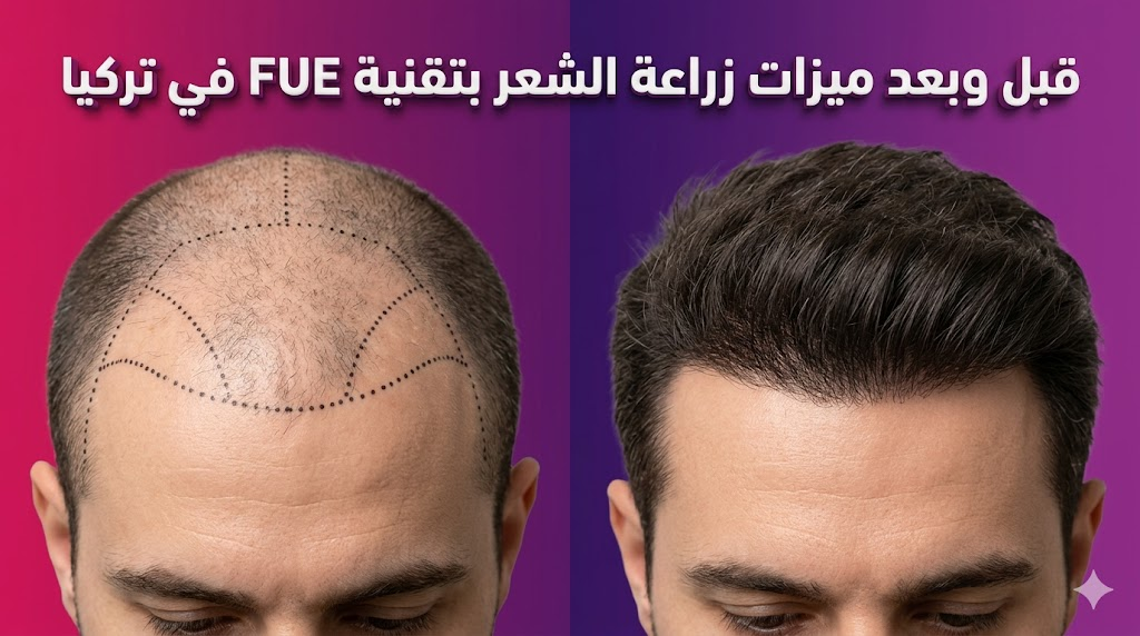  مقارنة قبل وبعد تظهر نتائج ميزات زراعة الشعر بتقنية FUE في تركيا وكثافة الشعر المحققة.