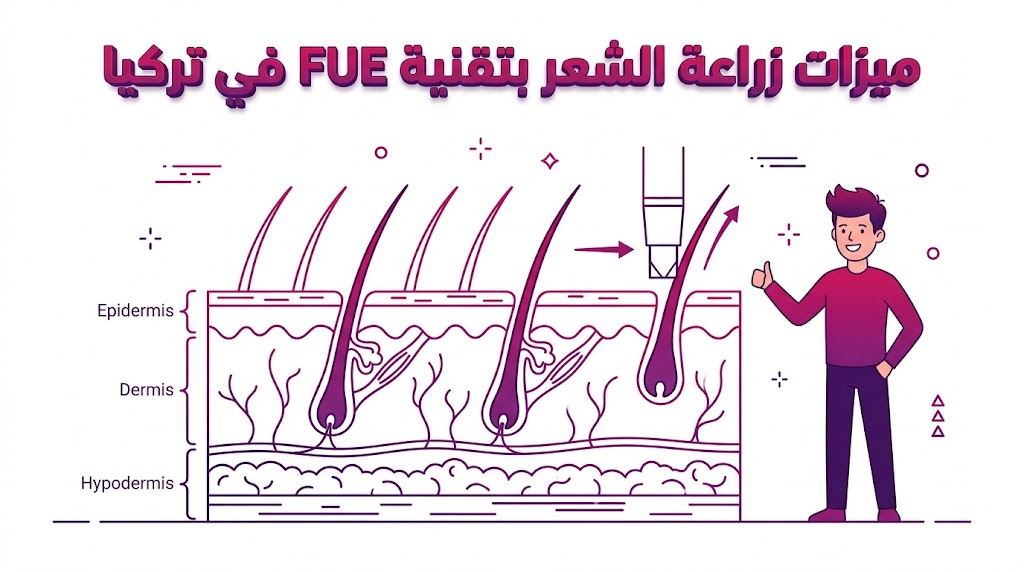  إنفوجرافيك طبي يوضح الجانب العلمي والتشريحي لعملية اقتطاف البصيلات ضمن ميزات زراعة الشعر بتقنية FUE في تركيا.