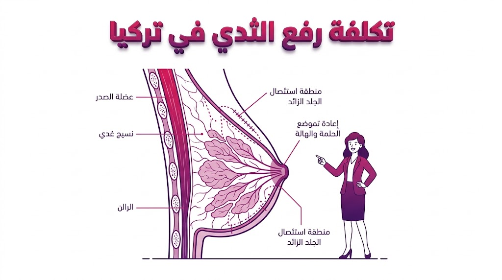  مخطط تشريحي يوضح التقنية الطبية المستخدمة مقابل تكلفة رفع الثدي في تركيا بشكل علمي مبسط.