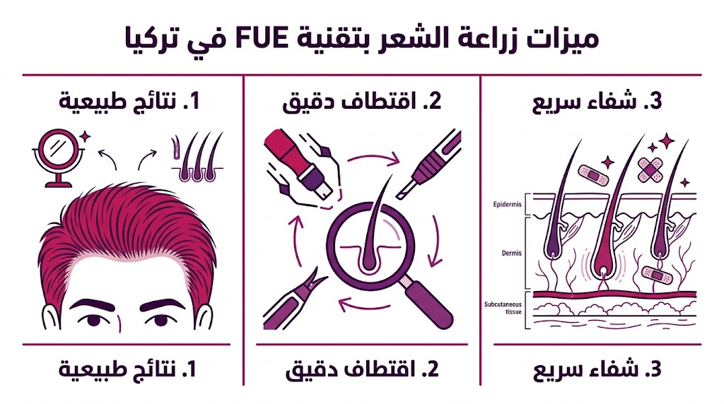  إنفوجرافيك مقسم لثلاثة أقسام يشرح أهم ميزات زراعة الشعر بتقنية FUE في تركيا من حيث النتائج والدقة والتعافي.