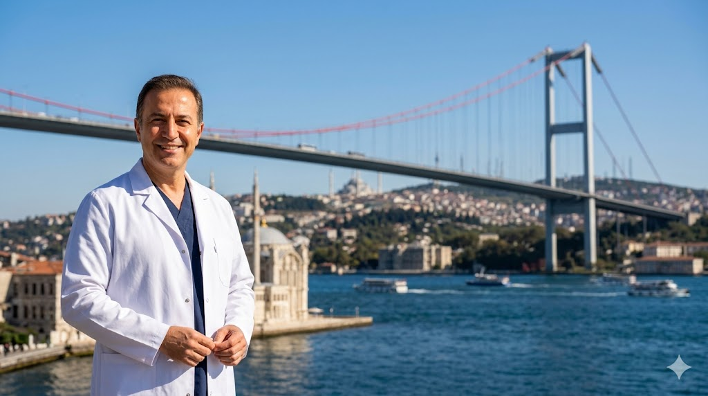 طبيب مختص يقف أمام جسر البوسفور في إسطنبول، تعبيراً عن جودة ميزات زراعة الشعر بتقنية FUE في تركيا كوجهة عالمية.
