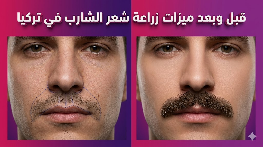  مقارنة قبل وبعد توضح ميزات زراعة شعر الشارب في تركيا وكيفية تحول الشارب الخفيف إلى شارب كثيف ومثالي.