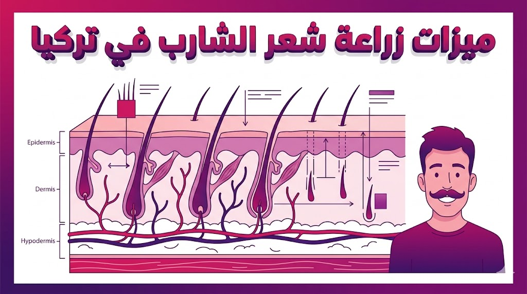 إنفوجرافيك تعليمي يوضح ميزات زراعة شعر الشارب في تركيا من الناحية التشريحية وكيفية غرس البصيلات في منطقة الشارب.