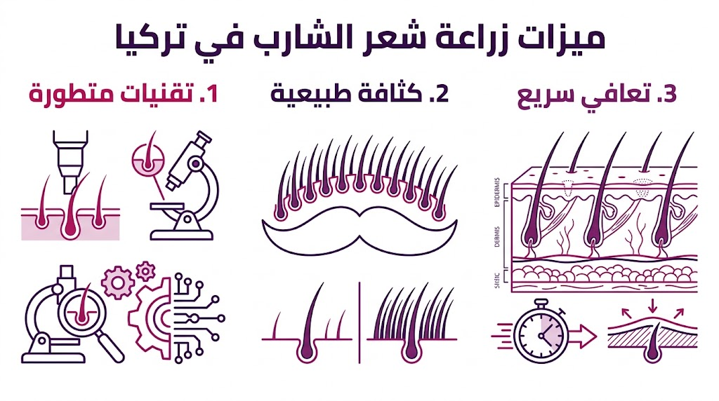  إنفوجرافيك مقسم لثلاثة أقسام يشرح ميزات زراعة شعر الشارب في تركيا من حيث التقنية والكثافة وسرعة الشفاء.