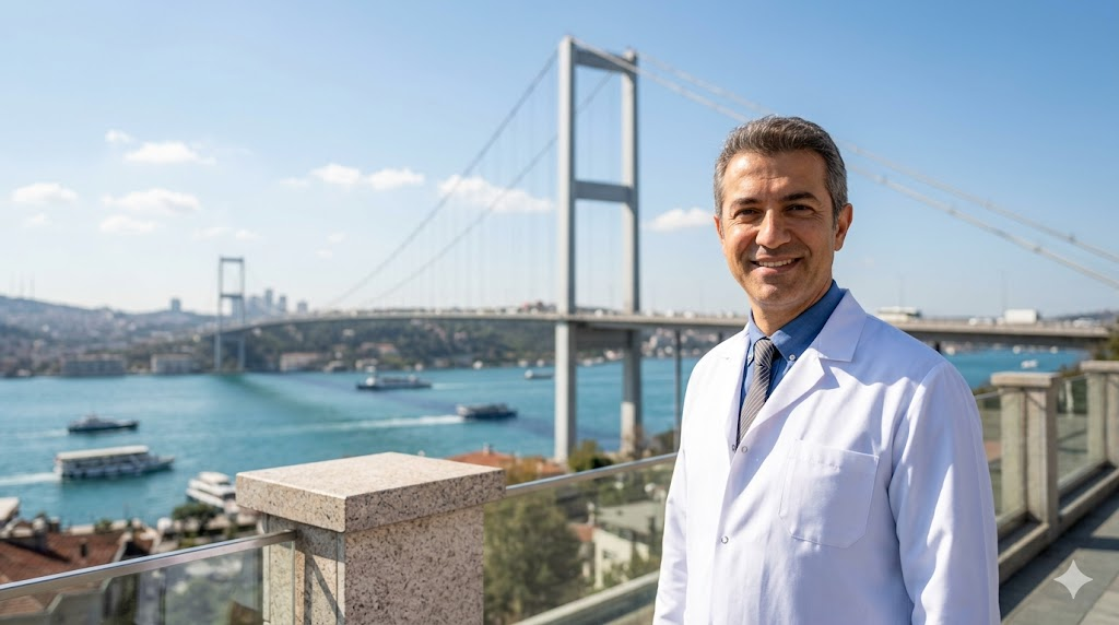 طبيب متخصص في ميزات زراعة شعر الشارب في تركيا يقف أمام جسر البوسفور في اسطنبول ليعكس جودة الخدمات الطبية والسياحة العلاجية.