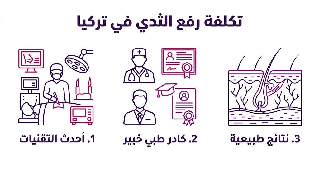 إنفوجرافيك طبي يوضح ركائز الجودة والسعر لخدمة تكلفة رفع الثدي في تركيا.