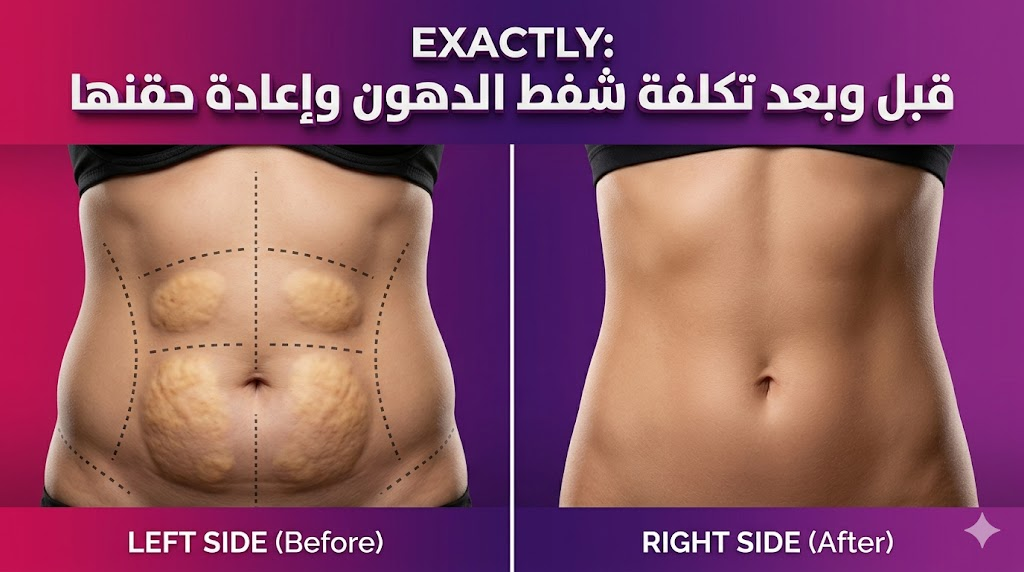  مقارنة واقعية قبل وبعد توضح نتائج تكلفة شفط الدهون وإعادة حقنها مع علامات التحديد الجراحية والنتيجة النهائية.