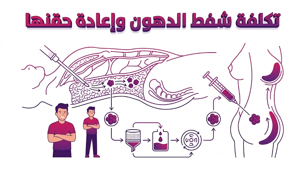  إنفوجرافيك طبي يوضح العلم وراء تكلفة شفط الدهون وإعادة حقنها مع مخطط تشريحي لطبقات الدهون.