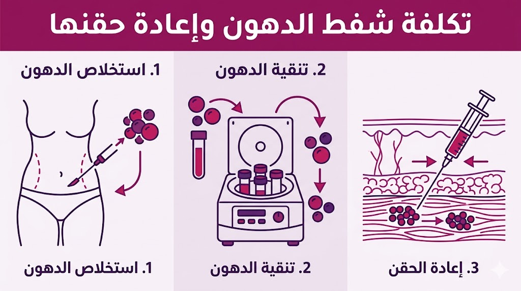  بوستر إنفوجرافيك مقسم لثلاث مراحل تشرح خطوات تكلفة شفط الدهون وإعادة حقنها من الاستخلاص إلى الحقن.