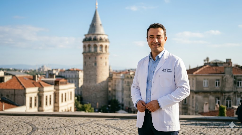  طبيب تجميل خبير يقف أمام برج غالاتا في إسطنبول، مما يعزز الثقة في إجراء تكلفة شفط الدهون وإعادة حقنها في تركيا.