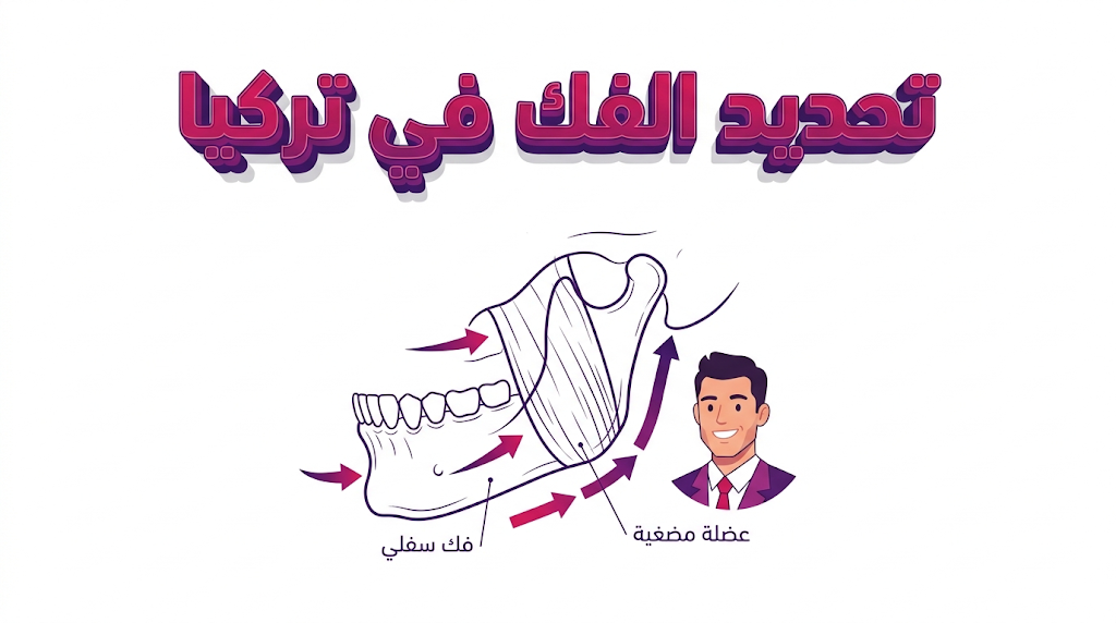 إنفوجرافيك طبي يوضح التشريح العلمي لعملية تحديد الفك في تركيا مع رسم تخطيطي لعظام الفك السفلي.