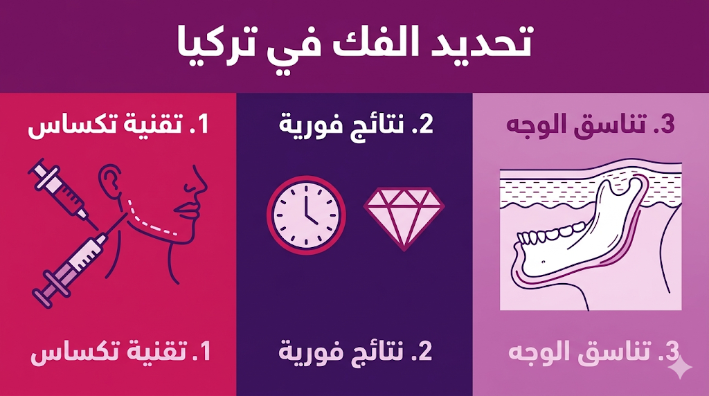 بوستر إنفوجرافيك لعملية تحديد الفك في تركيا يشرح تقنية تكساس والنتائج الفورية وتناسق الوجه.