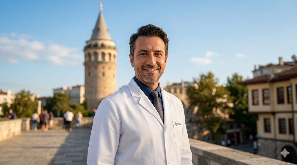طبيب تجميل متخصص في تحديد الفك في تركيا يقف ببراعة أمام برج غالاتا التاريخي في إسطنبول.