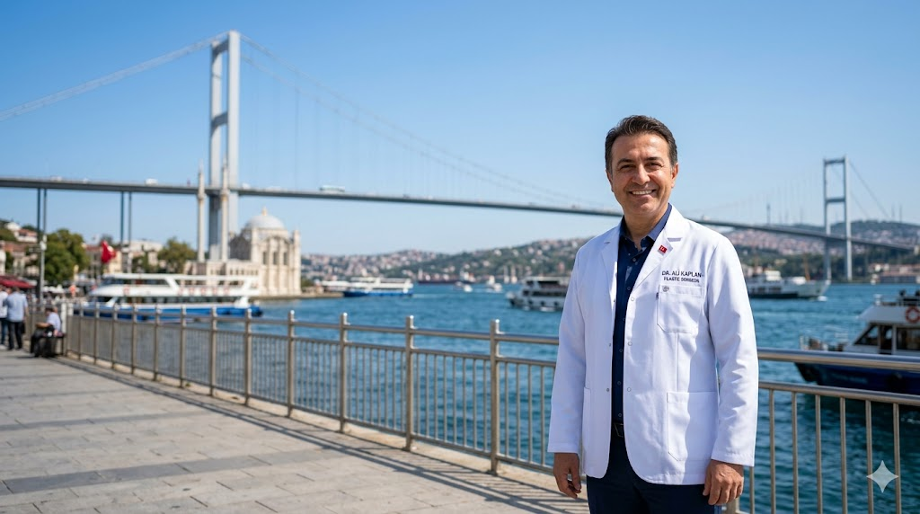 جراح تجميل خبير في اسطنبول أمام جسر البوسفور، رمز الجودة والسياحة العلاجية لـ تكلفة رفع الثدي في تركيا.
