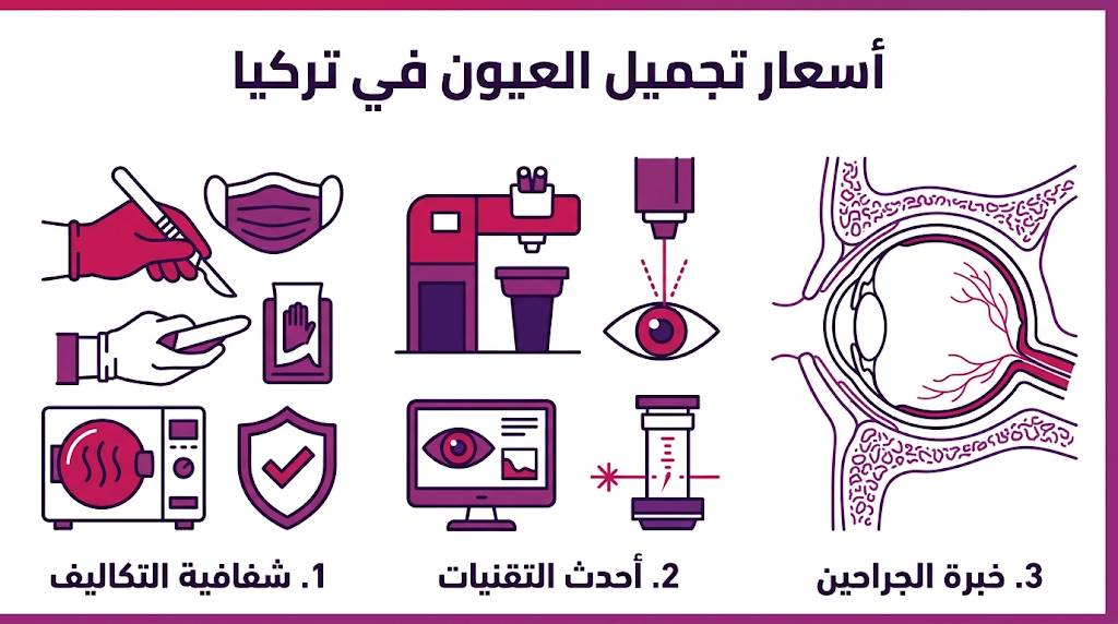 بوستر إنفوجرافيك يوضح العوامل المؤثرة في أسعار تجميل العيون في تركيا ومميزات الإجراء.