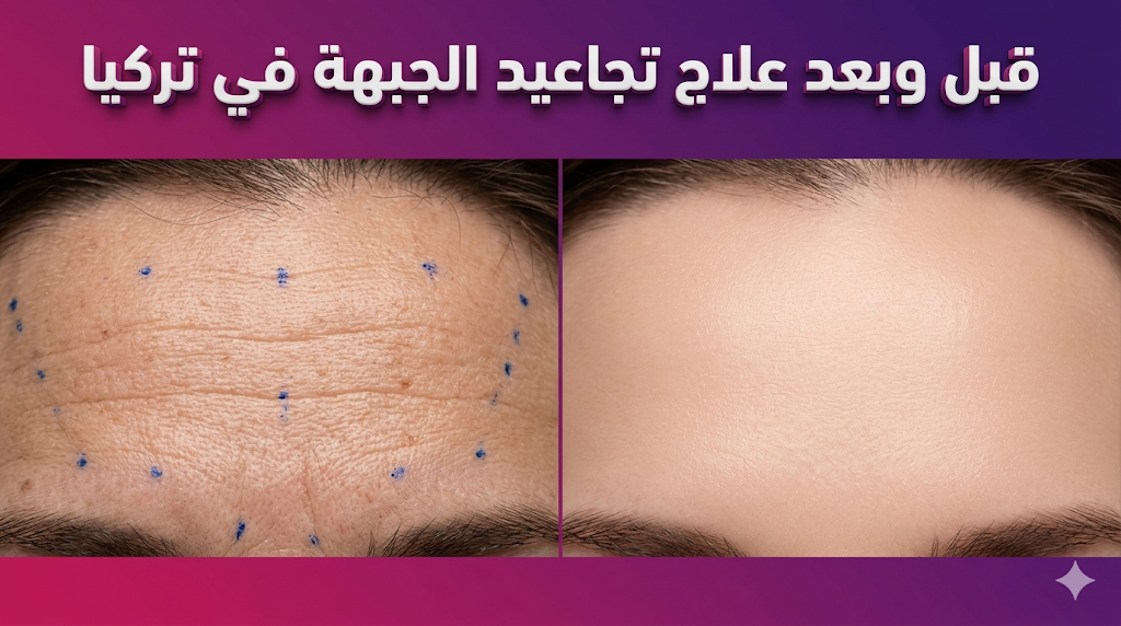 صورة واقعية تظهر نتائج قبل وبعد علاج تجاعيد الجبهة في تركيا مع تحول مذهل للبشرة.
