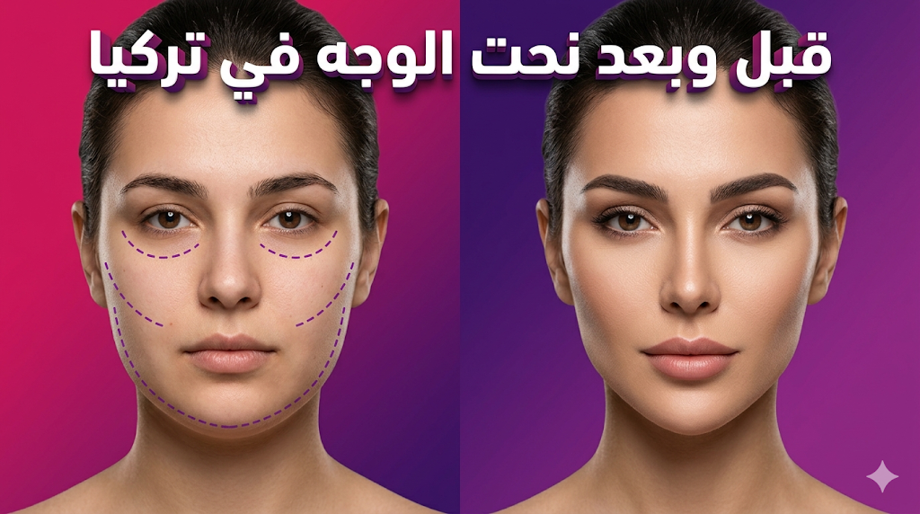مقارنة قبل وبعد تظهر نتائج نحت الوجه في تركيا مع تحديد دقيق للفك والخدود بخلفية فاخرة.