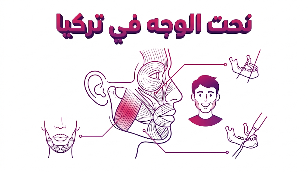 إنفوجرافيك تعليمي يوضح التشريح العضلي للوجه وآلية نحت الوجه في تركيا بأسلوب الرسم الهندسي.