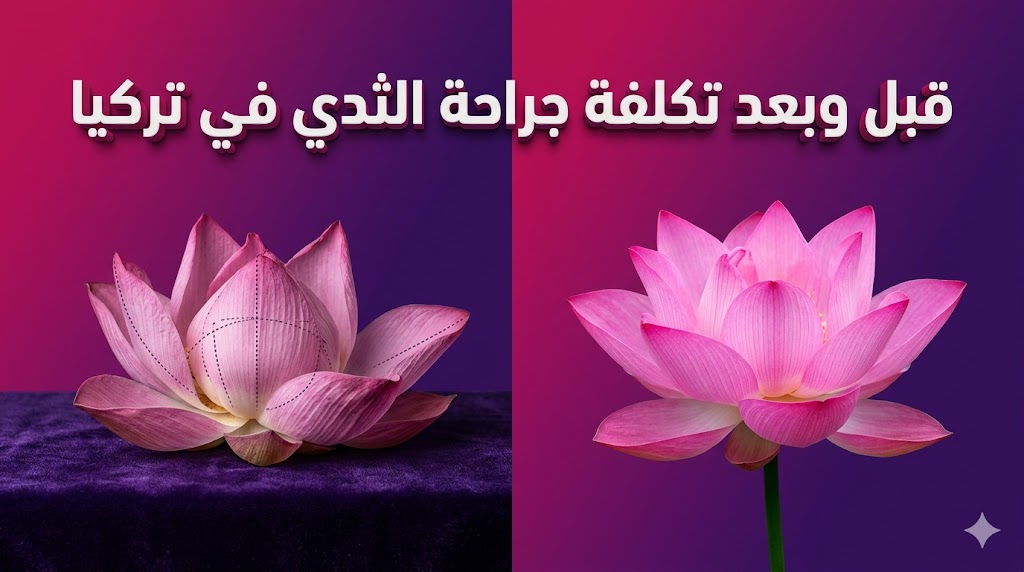  مقارنة رمزية "قبل وبعد" توضح نتائج و تكلفة جراحة الثدي في تركيا باستخدام زهور اللوتس لتمثيل التحول الجمالي.