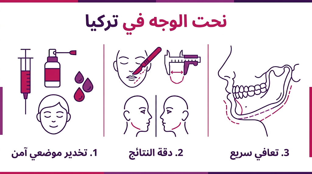 بوستر إنفوجرافيك يوضح ثلاث مميزات لعملية نحت الوجه في تركيا: التخدير الآمن، دقة النتائج، والتعافي السريع.