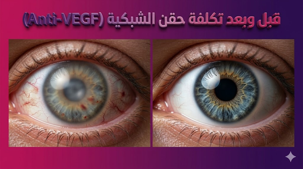 مقارنة قبل وبعد توضح تحسن الرؤية بعد دفع تكلفة حقن الشبكية (Anti-VEGF) وعلاج مشاكل الإبصار.