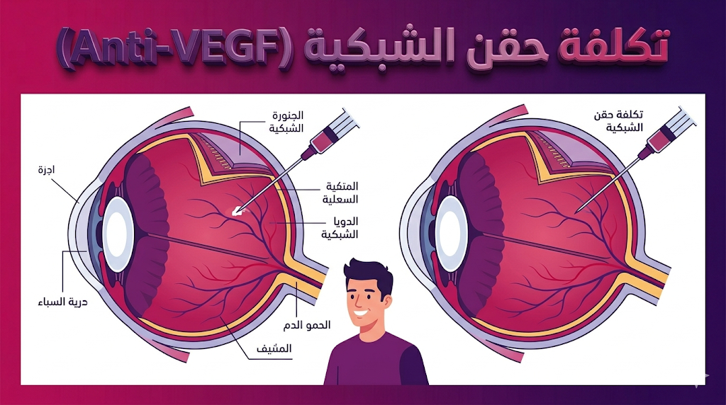 مخطط تشريحي يوضح آلية عمل ومكان حقن الدواء المرتبط بـ تكلفة حقن الشبكية (Anti-VEGF).