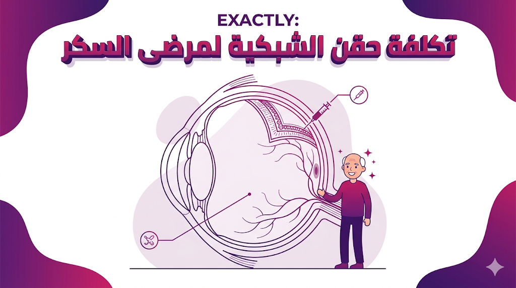 إنفوجرافيك طبي يوضح تشريح العين وكيفية إجراء العملية مع نص تكلفة حقن الشبكية لمرضى السكر.