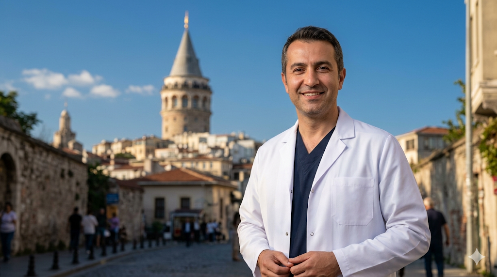 طبيب عيون مختص يقف أمام برج غالاتا في إسطنبول، يمثل الخبرة الطبية المرتبطة بـ تكلفة حقن الشبكية لمرضى السكر في تركيا.